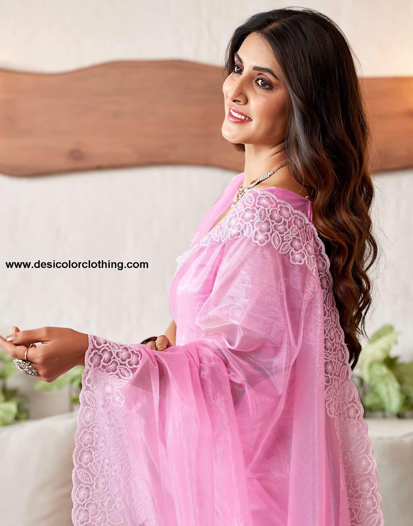 Pink Embroidery Organza Saree