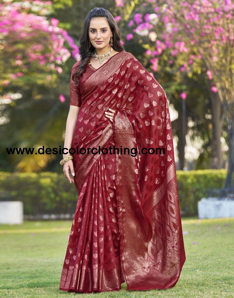 Red Organza Plain Saree