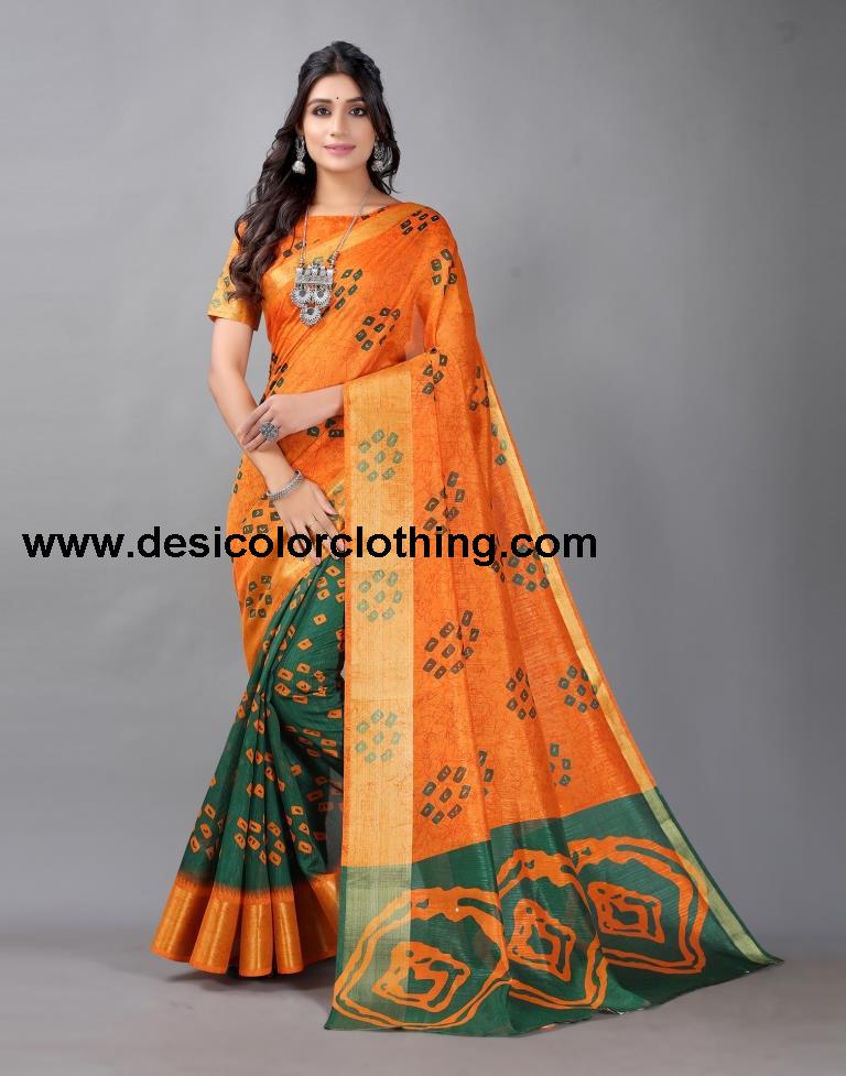 Dark Orange Bandhani Cotton Saree