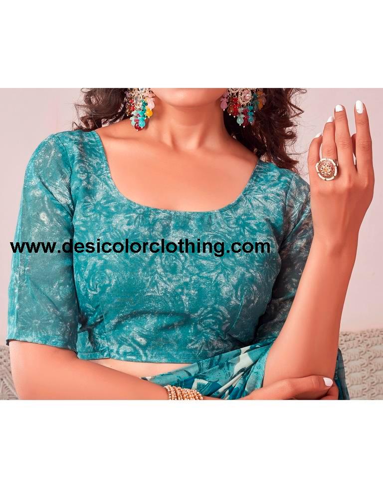 Dusty Teal Blue Georgette Printed Saree