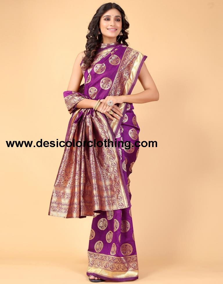 Magenta And Golden Silk Saree