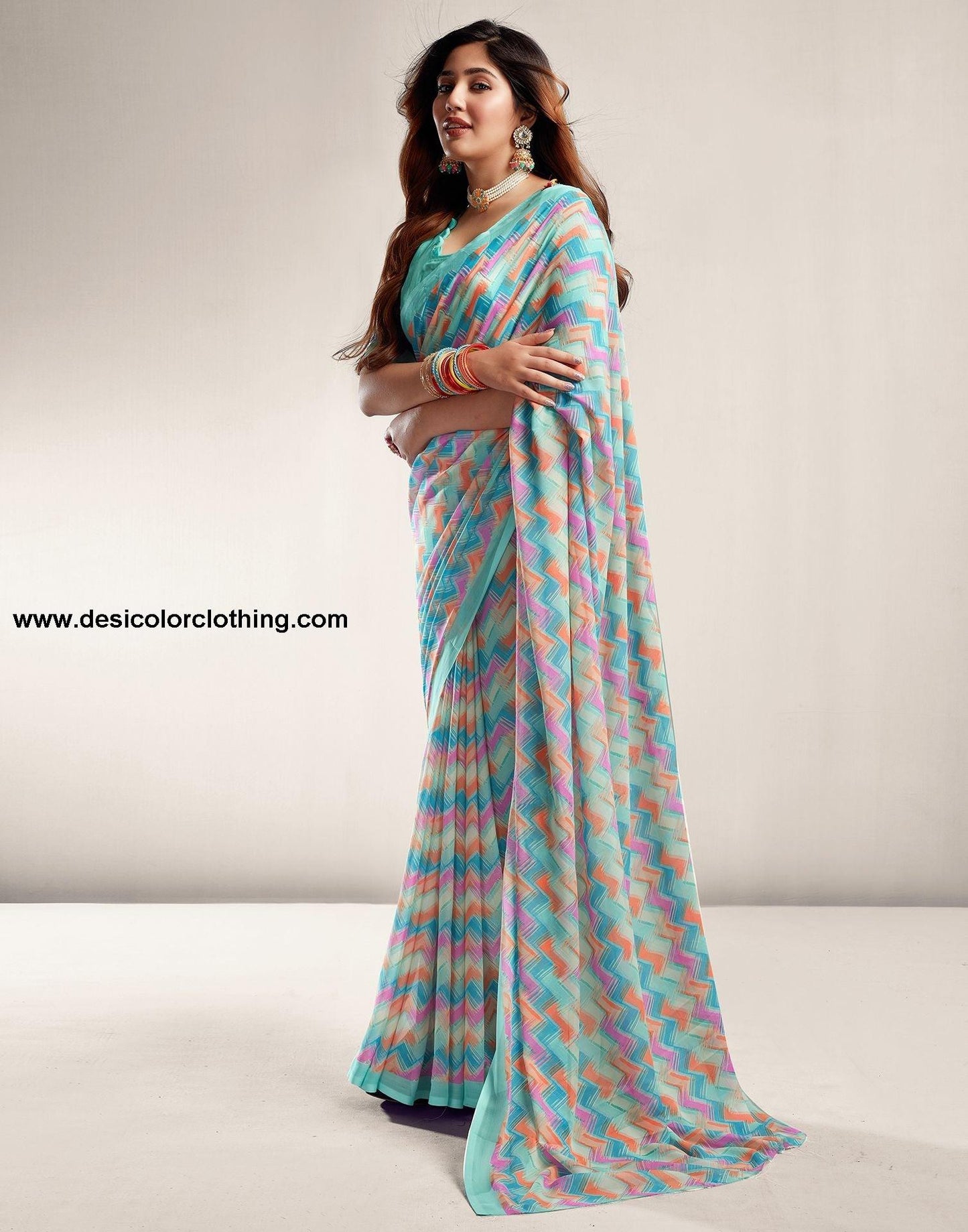 Turquoise Printed Georgette Saree