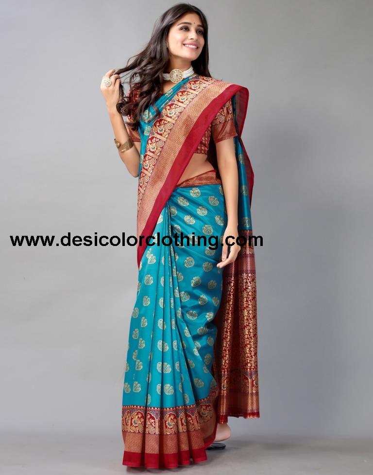 Rama Blue Printed Silk Saree
