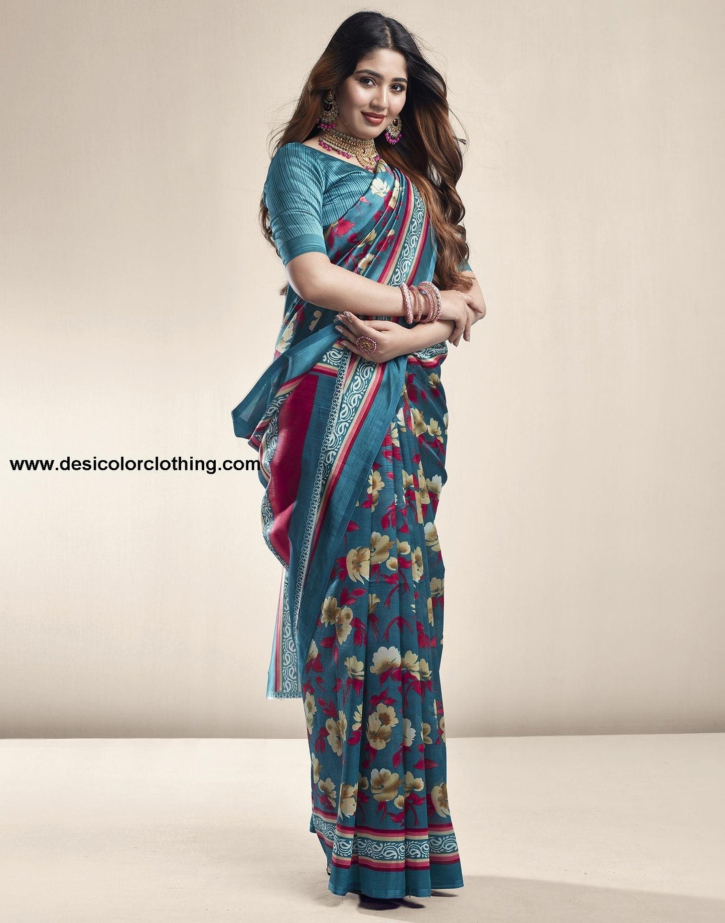 Rama Green Printed Silk Saree