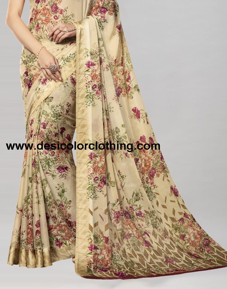 Beige Printed Chiffon Saree