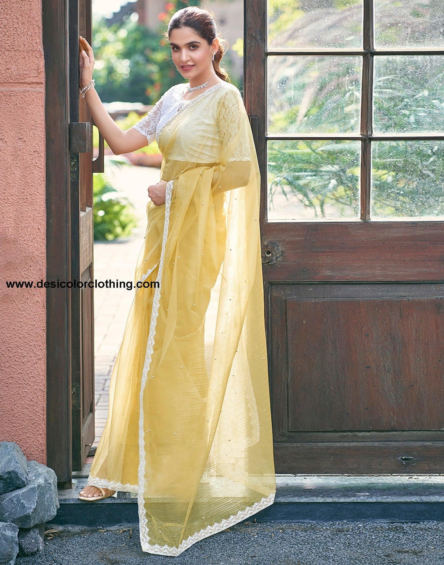 Yellow Net Plain Saree