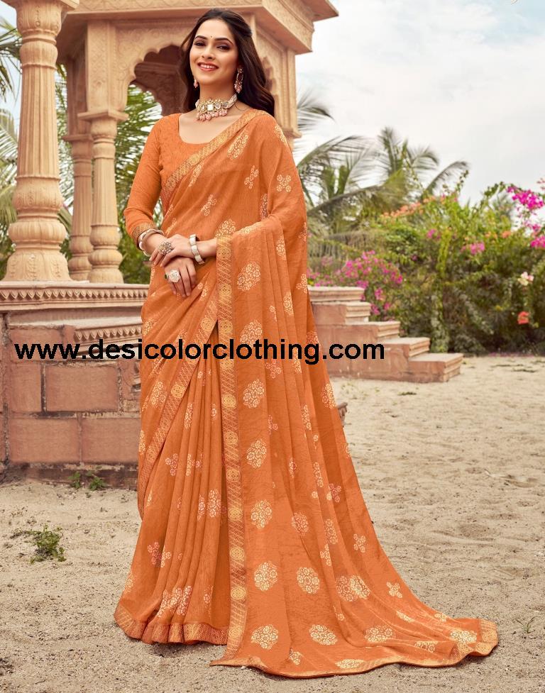 Orange Chiffon Printed Saree