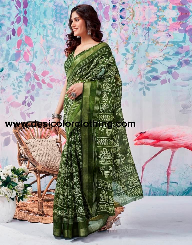 Olive Green Cotton Zari Saree