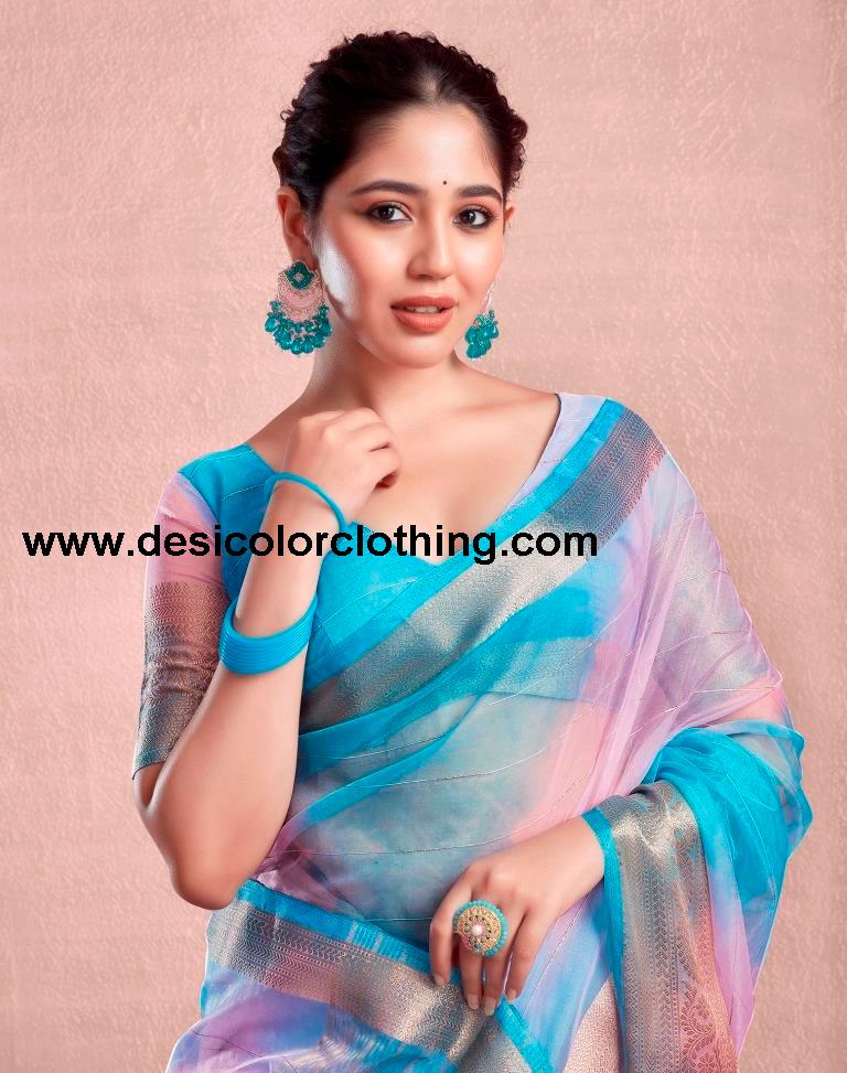 Blue Orgenza Printed Saree