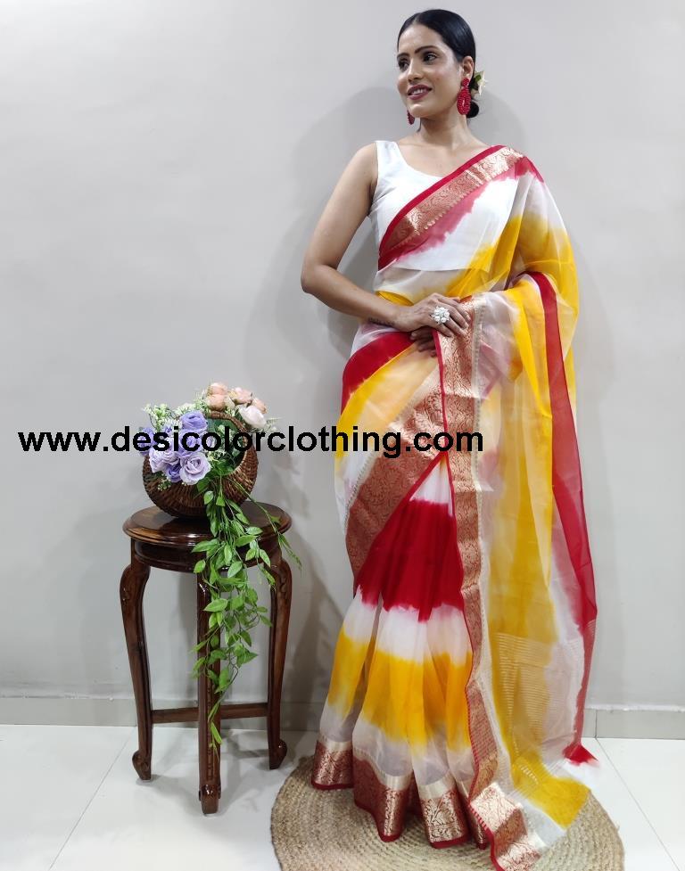 Red Organza Printed Saree