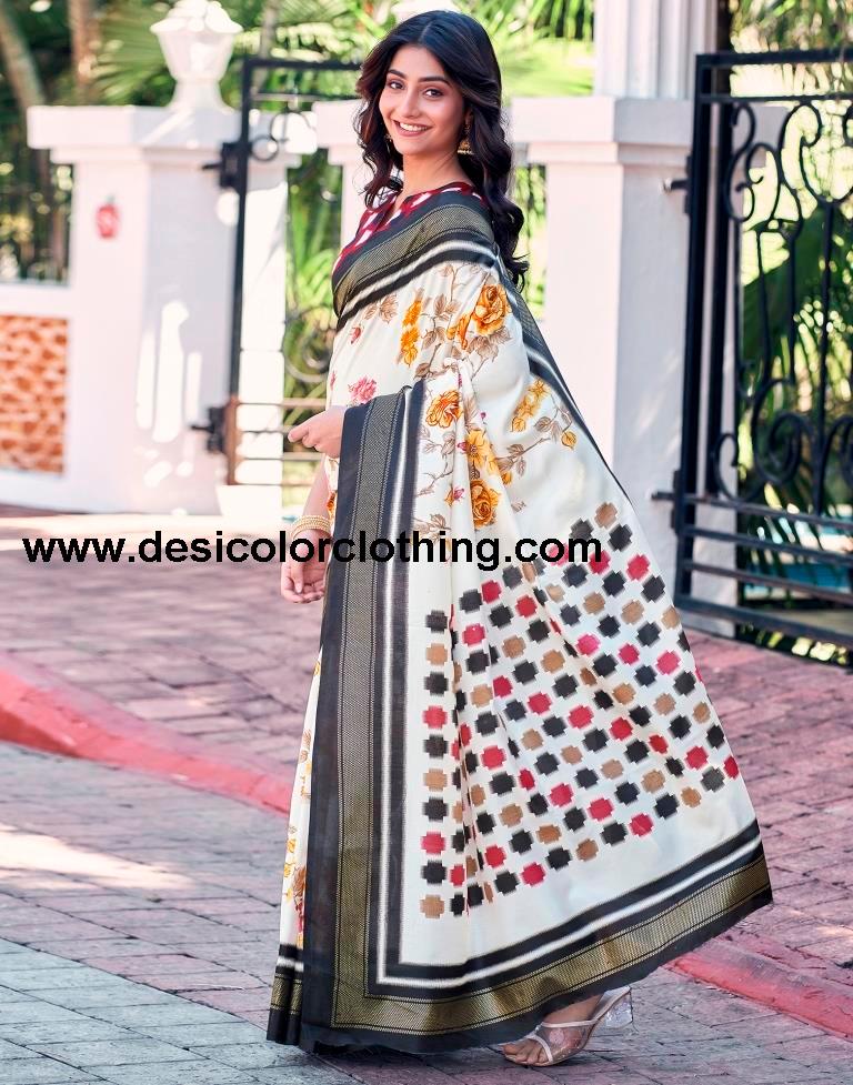 Cream Silk Printed Saree