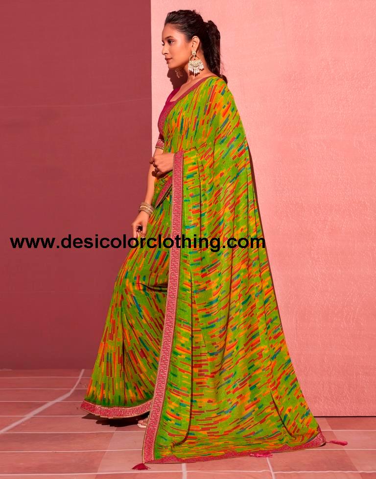 Green Chiffon Printed Saree