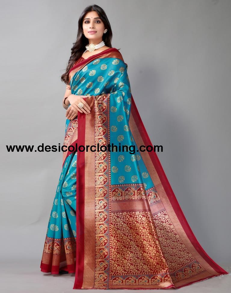 Rama Blue Printed Silk Saree