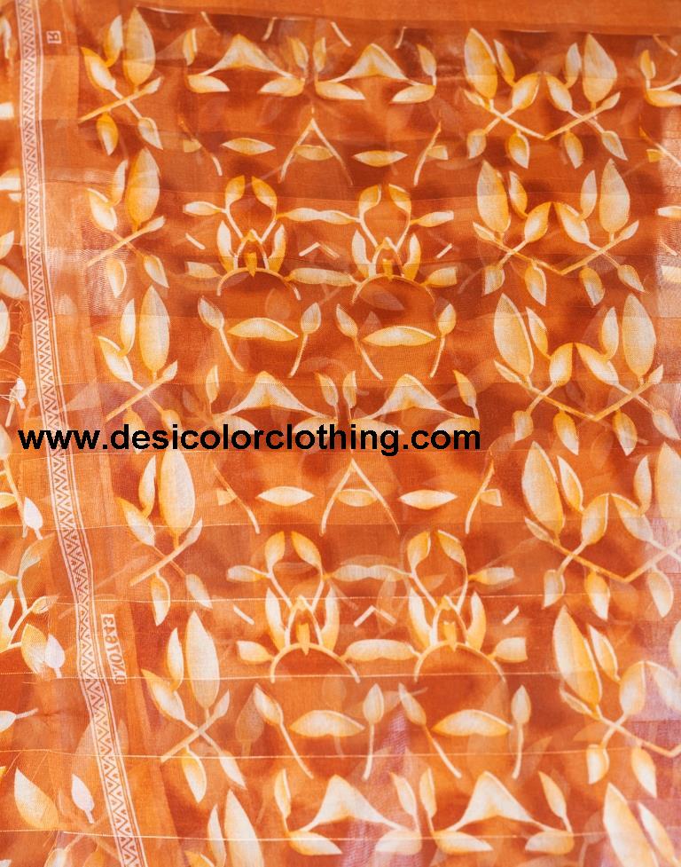 Dark Orange Cotton Printed Saree