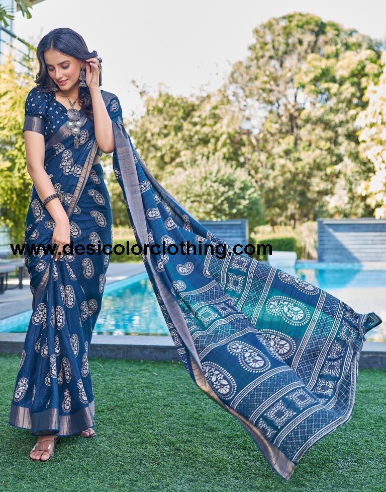 Dark Blue Silk Printed Saree