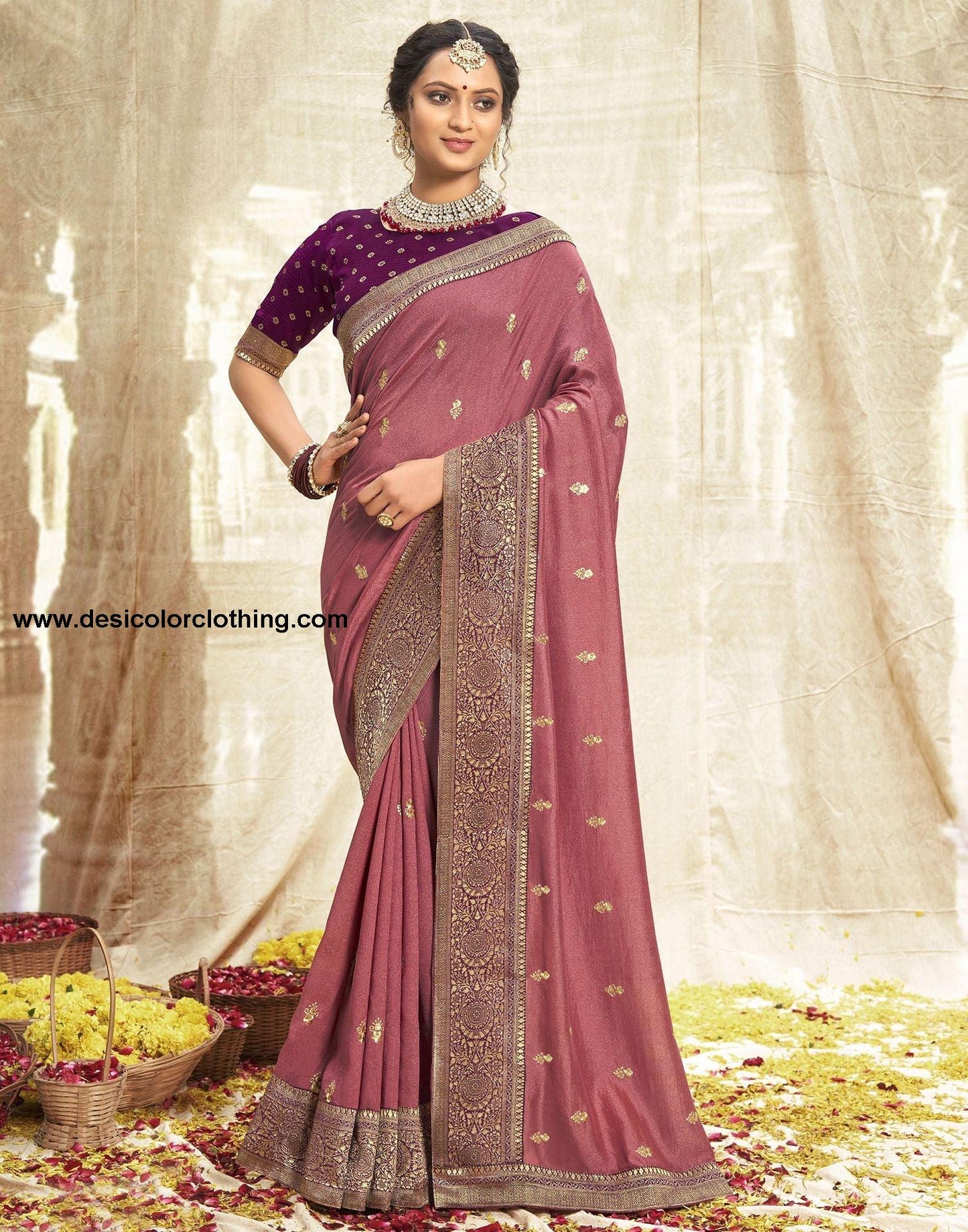 Pink Embroidery Banarasi Silk Saree