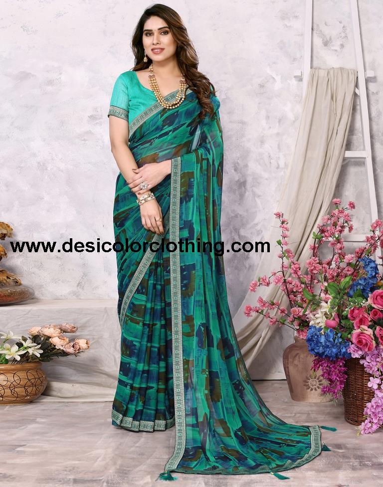 Rama Green Chiffon Printed Saree