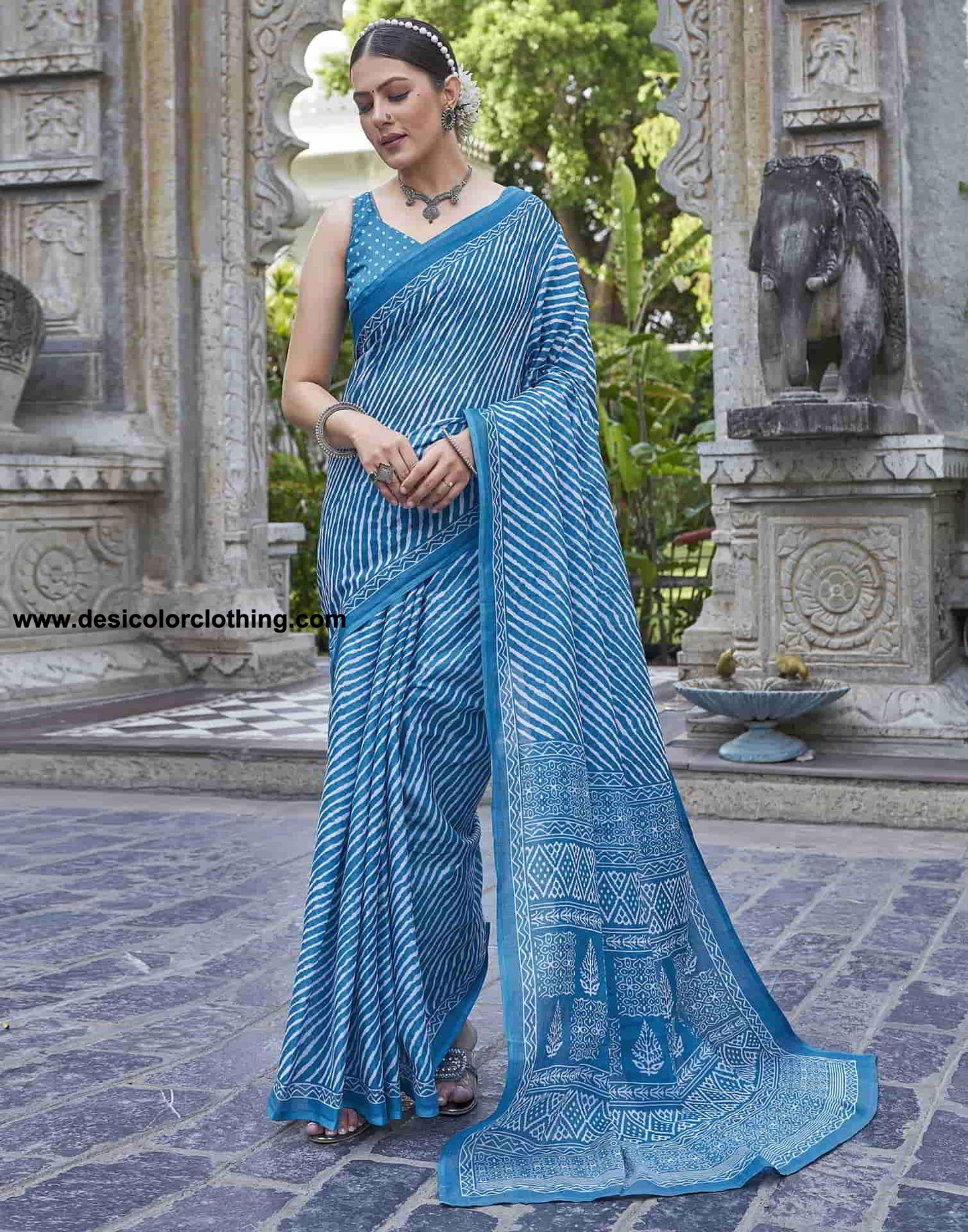 Blue Printed Cotton Leheriya Saree