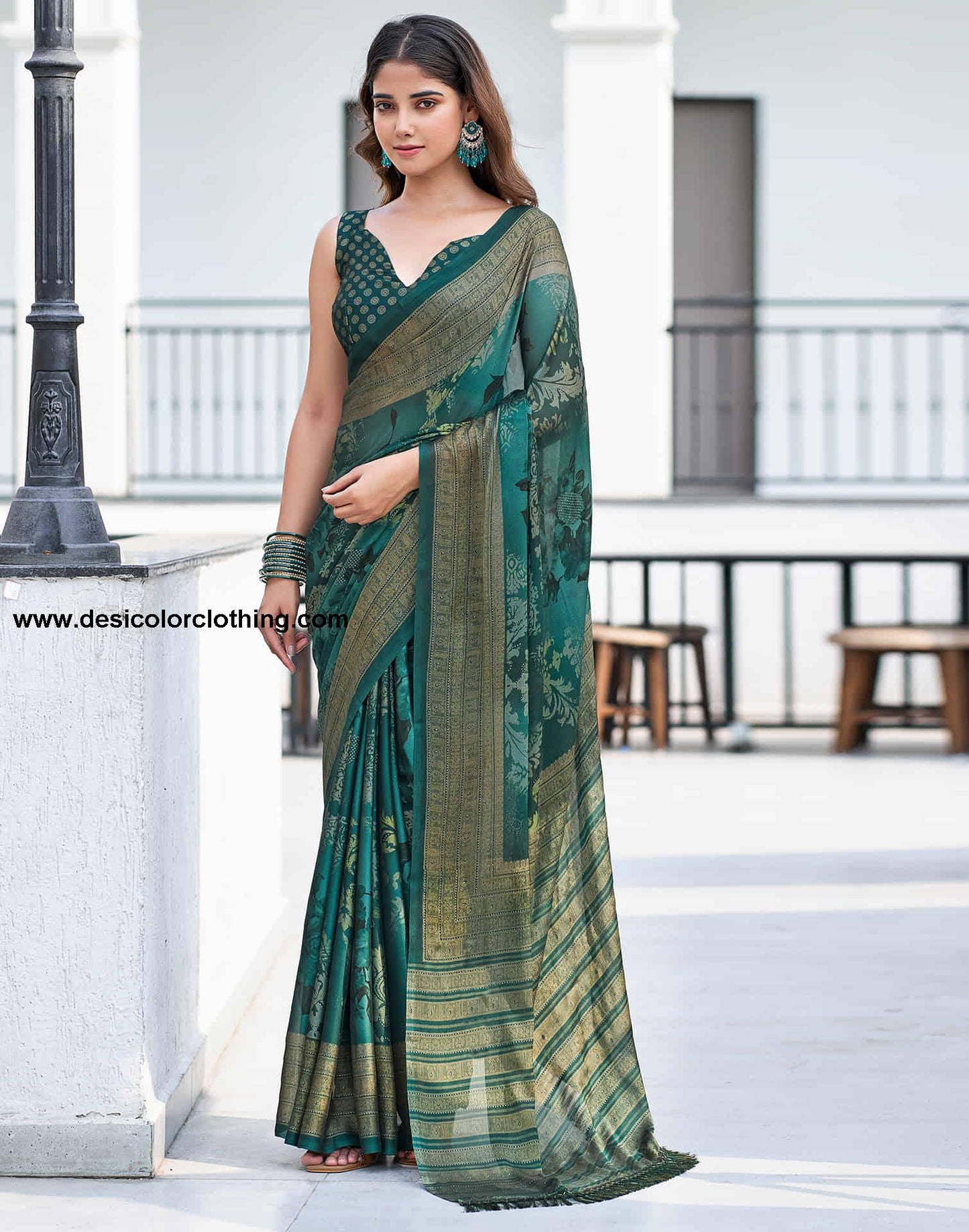 Rama Green Georgette Printed Saree