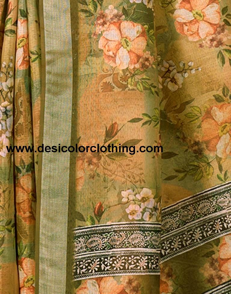 Olive Green Linen Printed Saree
