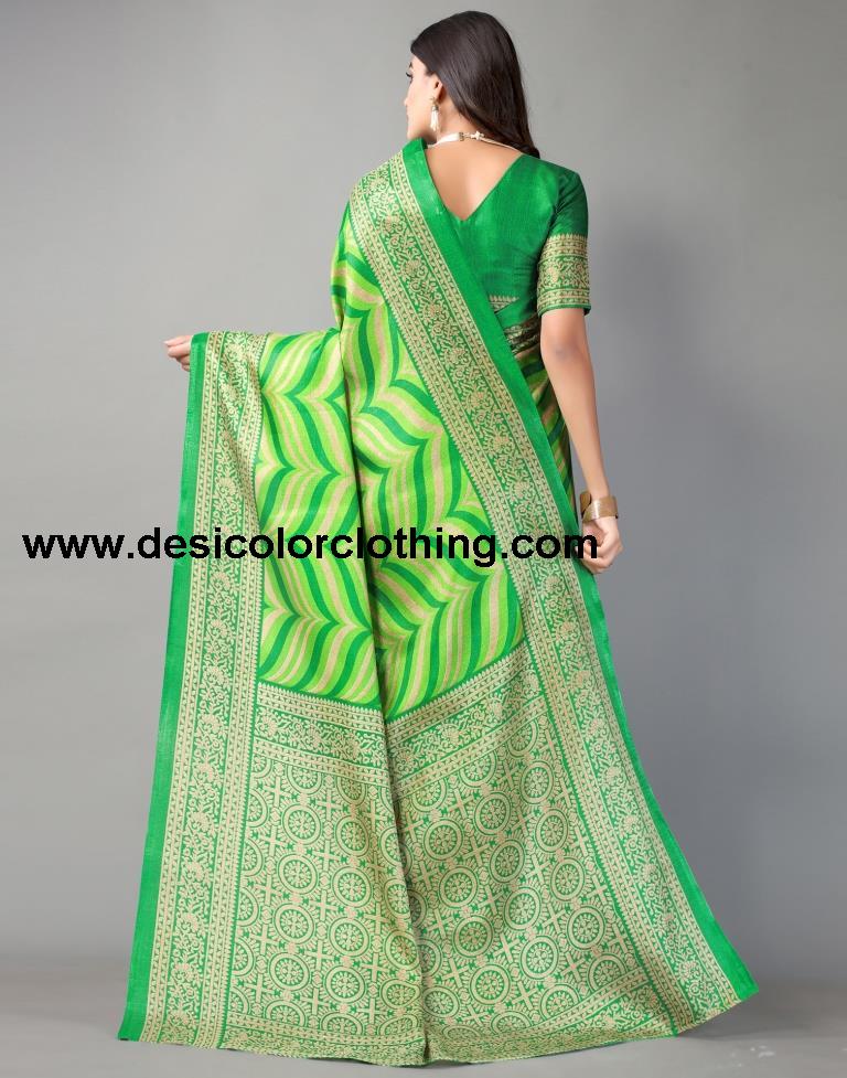 Parrot Green Printed Silk Saree