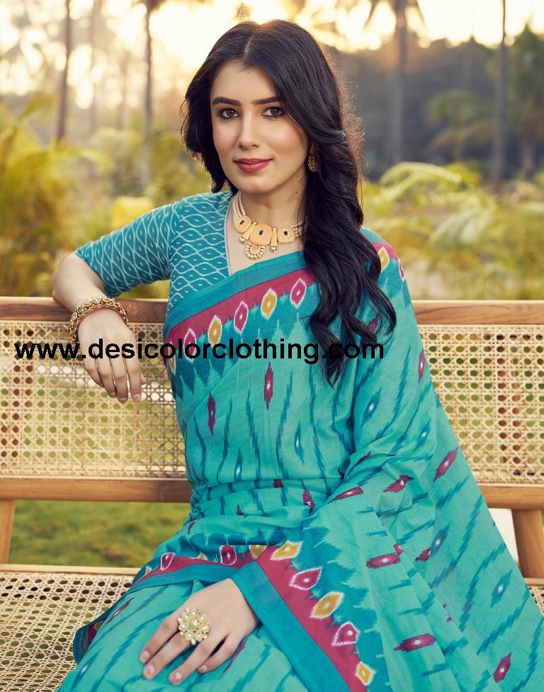Blue Cotton Printed Ready To Wear