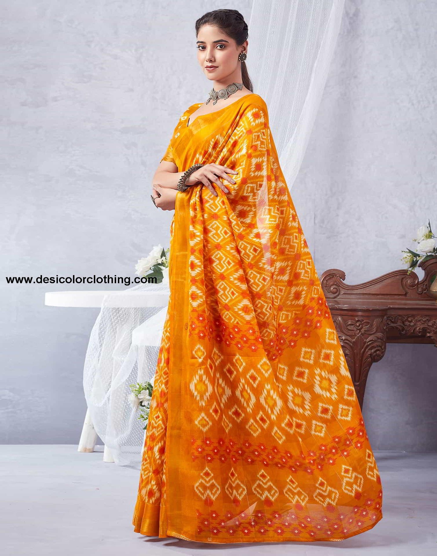 Yellow Printed Cotton Geometric Saree