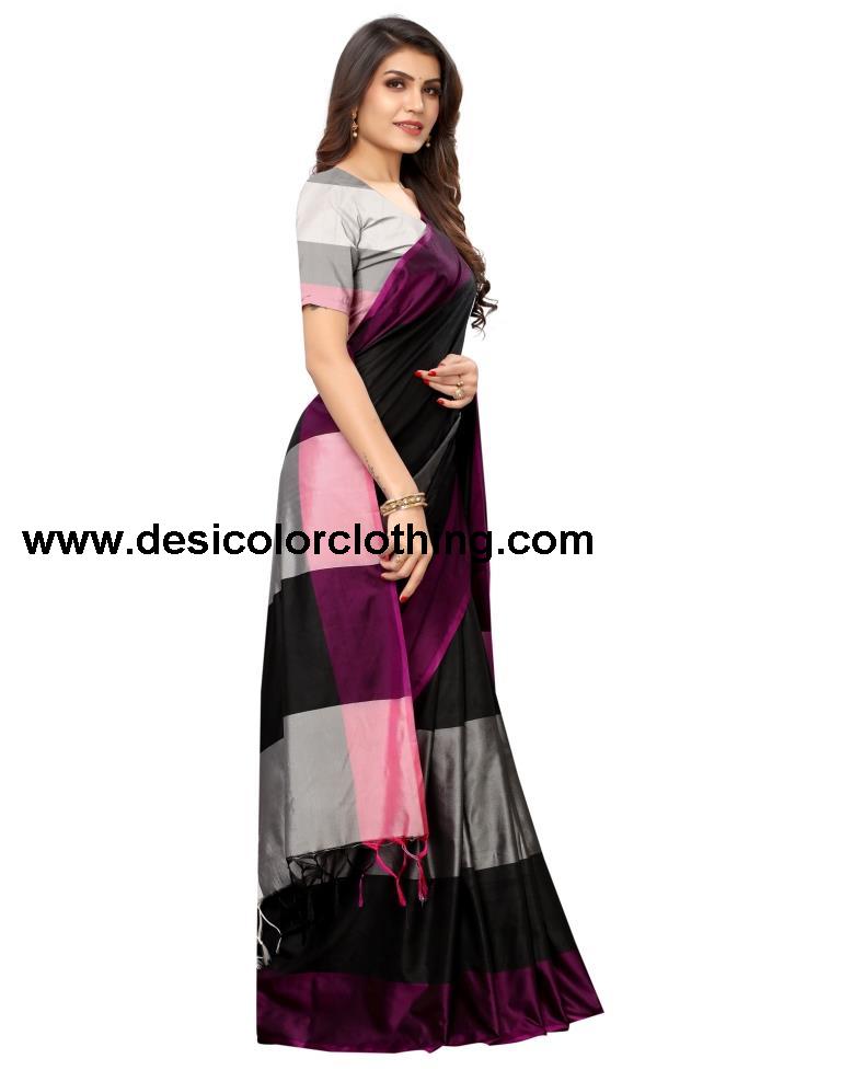 Black Coloured Poly Silk Woven Stripes Casual saree