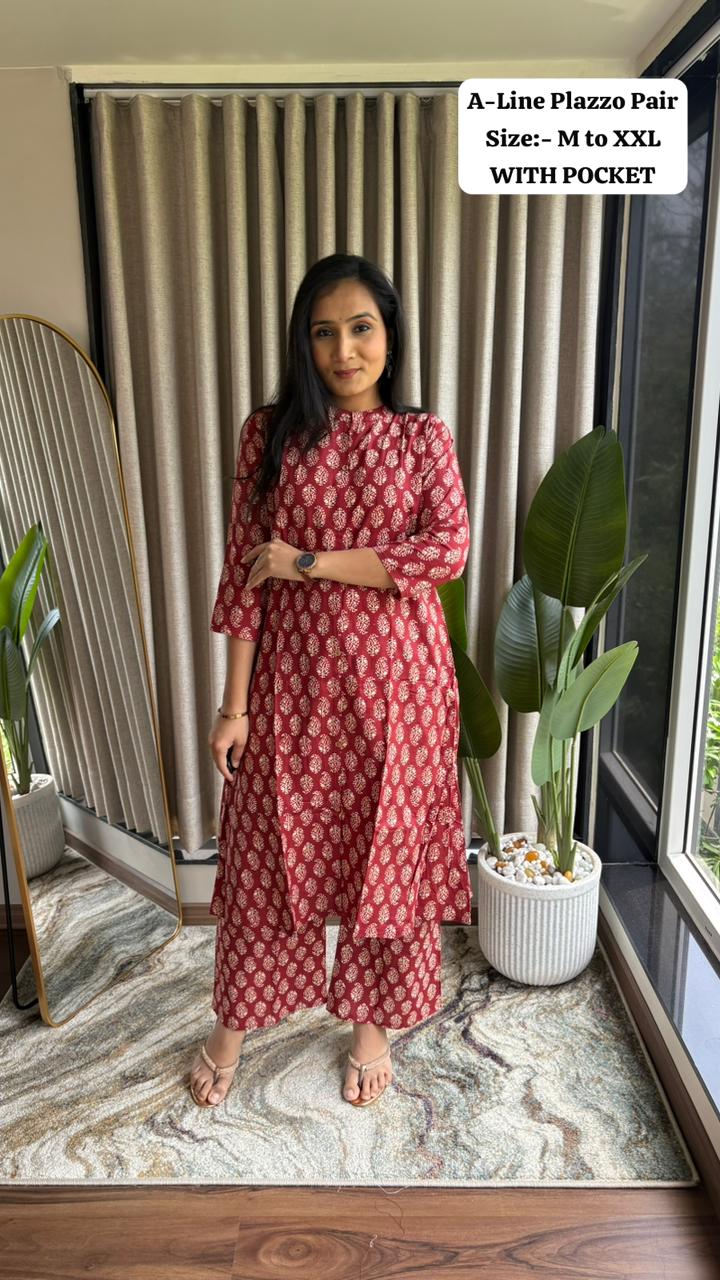 Product Image - Ajrakh Print Cotton Kurti Plazzo Set