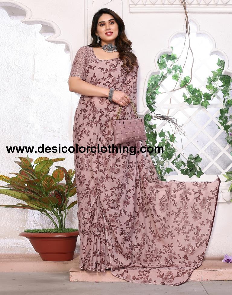 Dusty Pink Georgette Floral Printed Saree