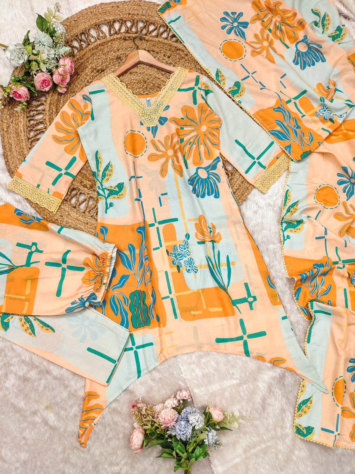 Product Image - Elegant Abstract Floral Suit Set | Designer Georgette Saree | Festive Wear