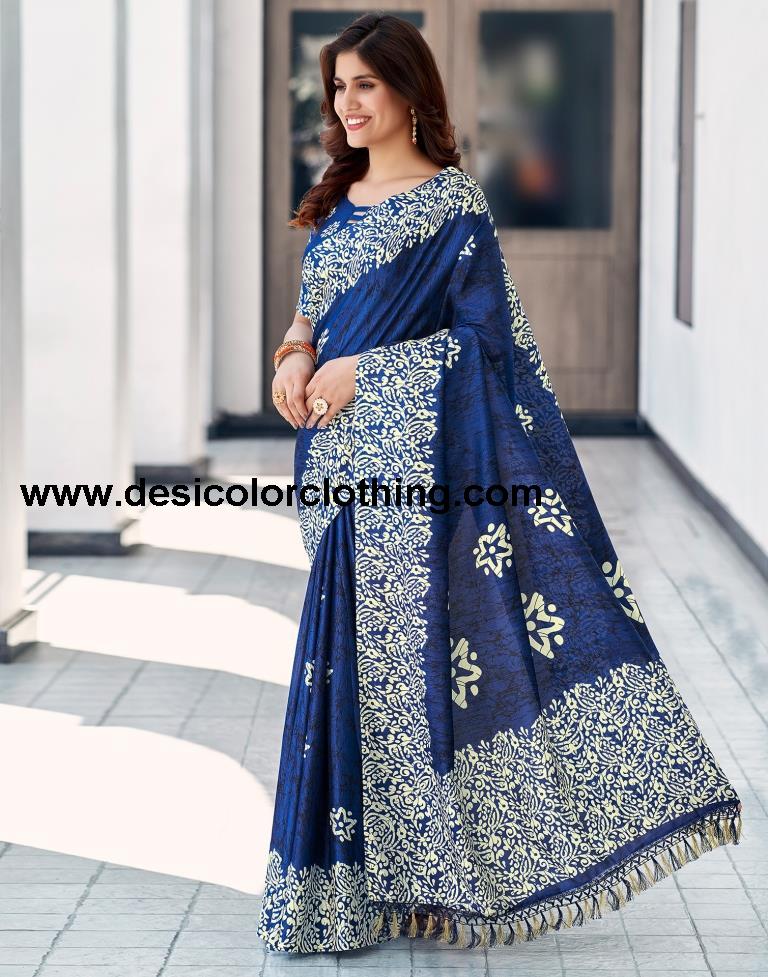 Dark Blue Silk Printed Saree