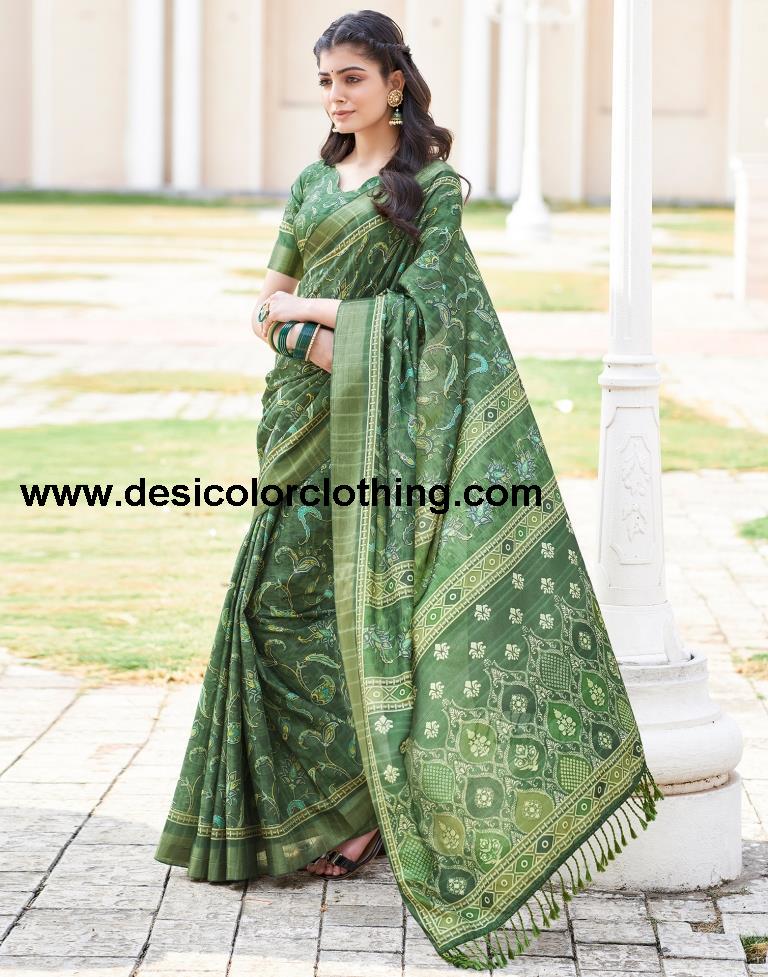 Dark Green Silk Printed Sarees