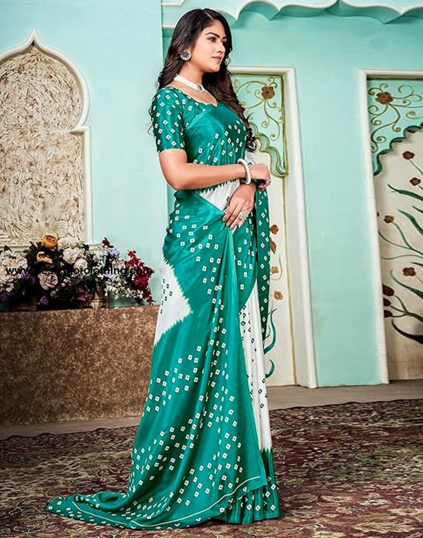 Rama Green Printed Chiffon Saree