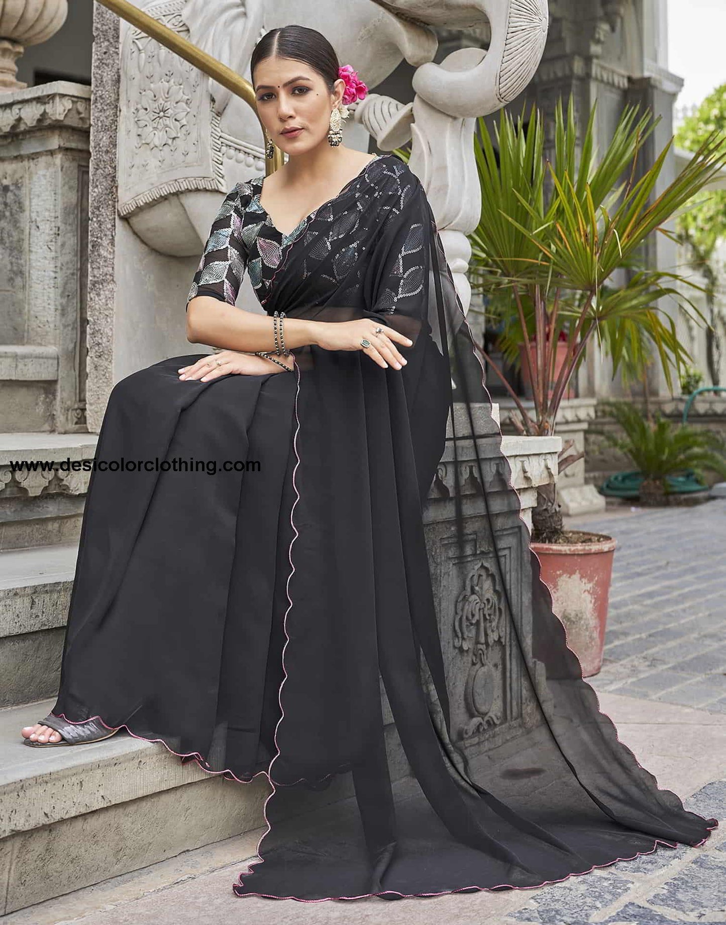 Black Plain Georgette Saree