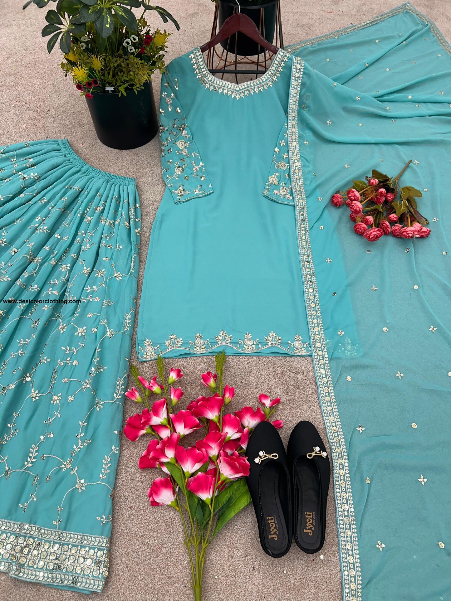 Party Wear Look Top-Plazzo and Dupatta With Heavy Embroidery Work