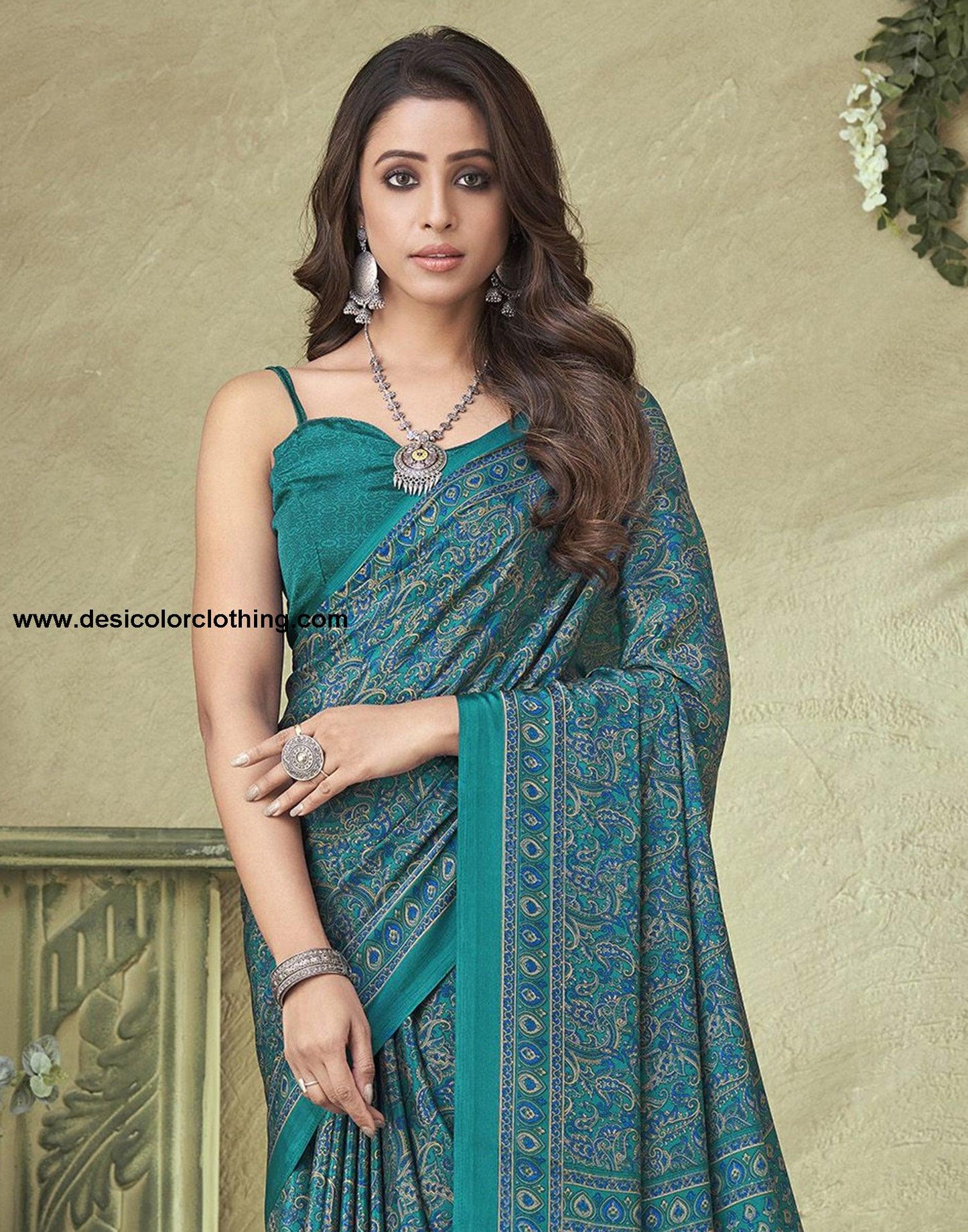 Rama Green Silk Floral Printed Saree