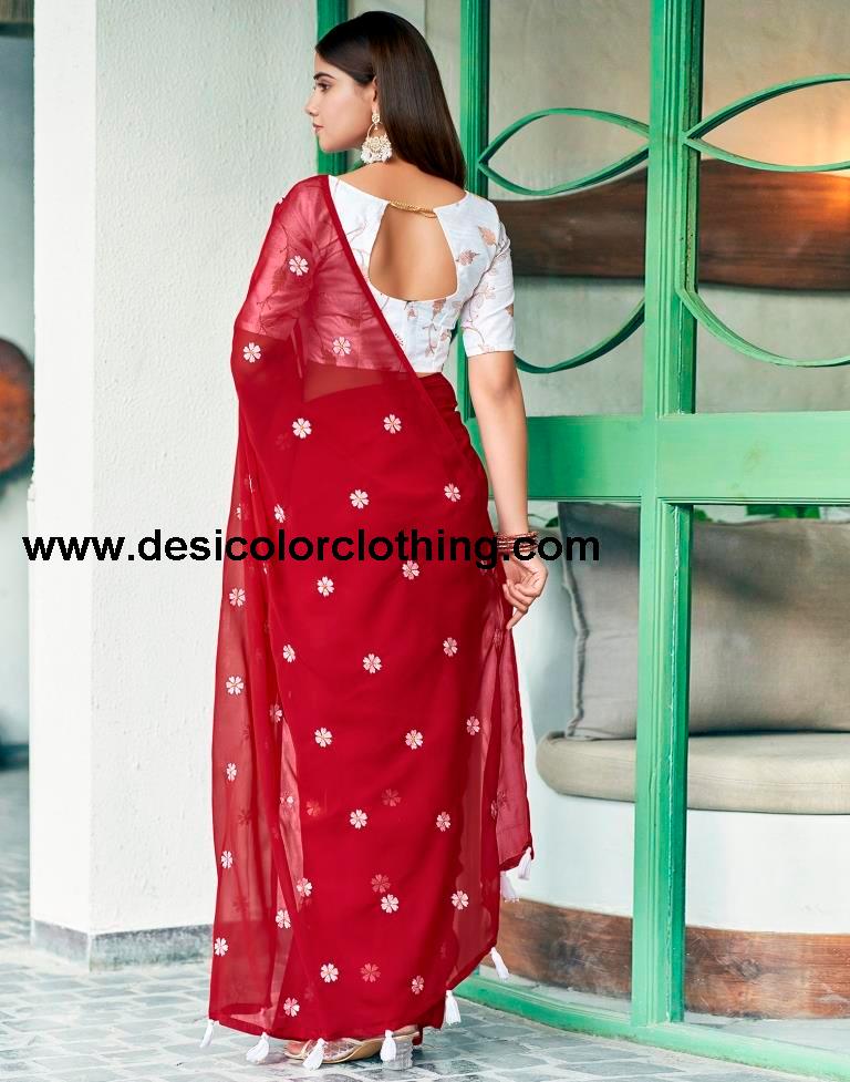 Red Georgette Embroidery Saree