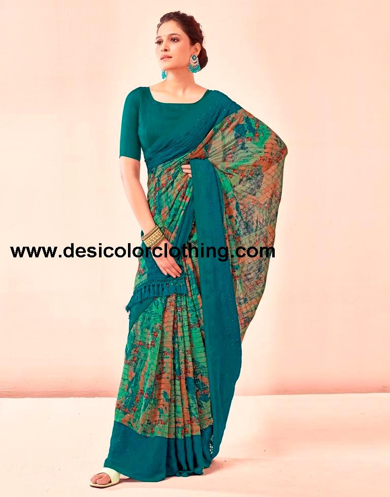 Rama Blue Printed Georgette Saree