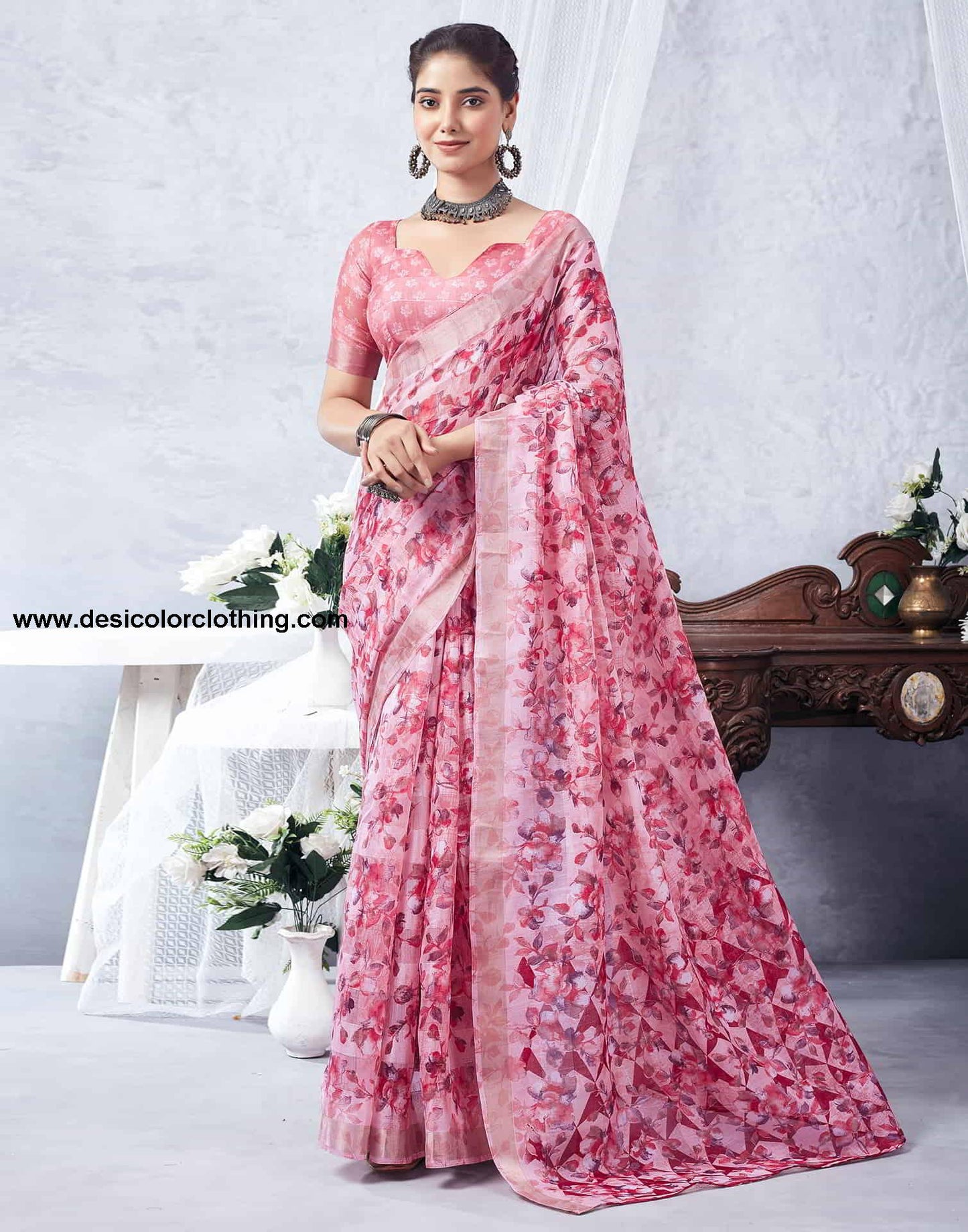 Pink Printed Cotton Saree