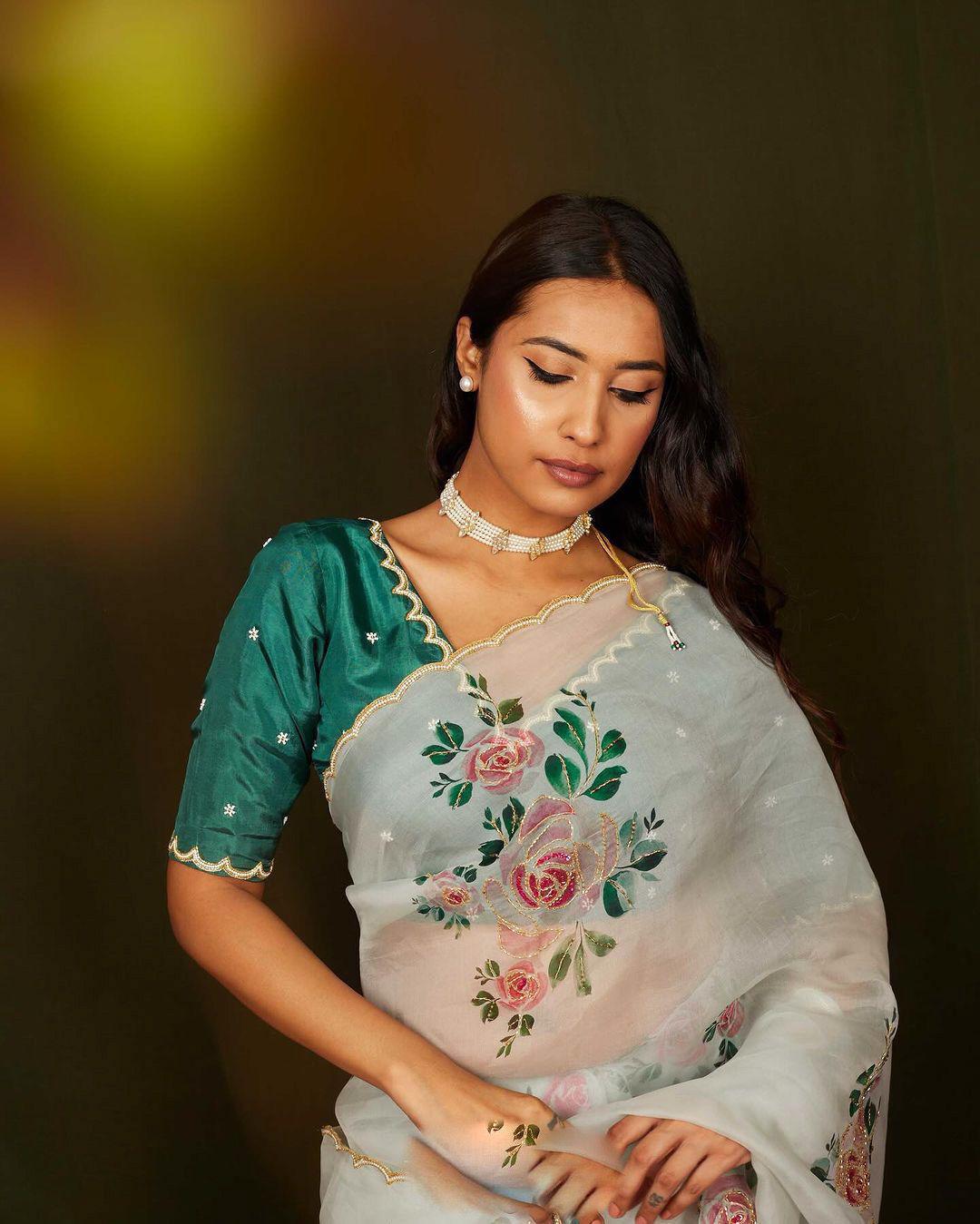 Product Image - Designer Satin Organza Saree with Handcrafted Floral Prints and Pearl Cutwork Border