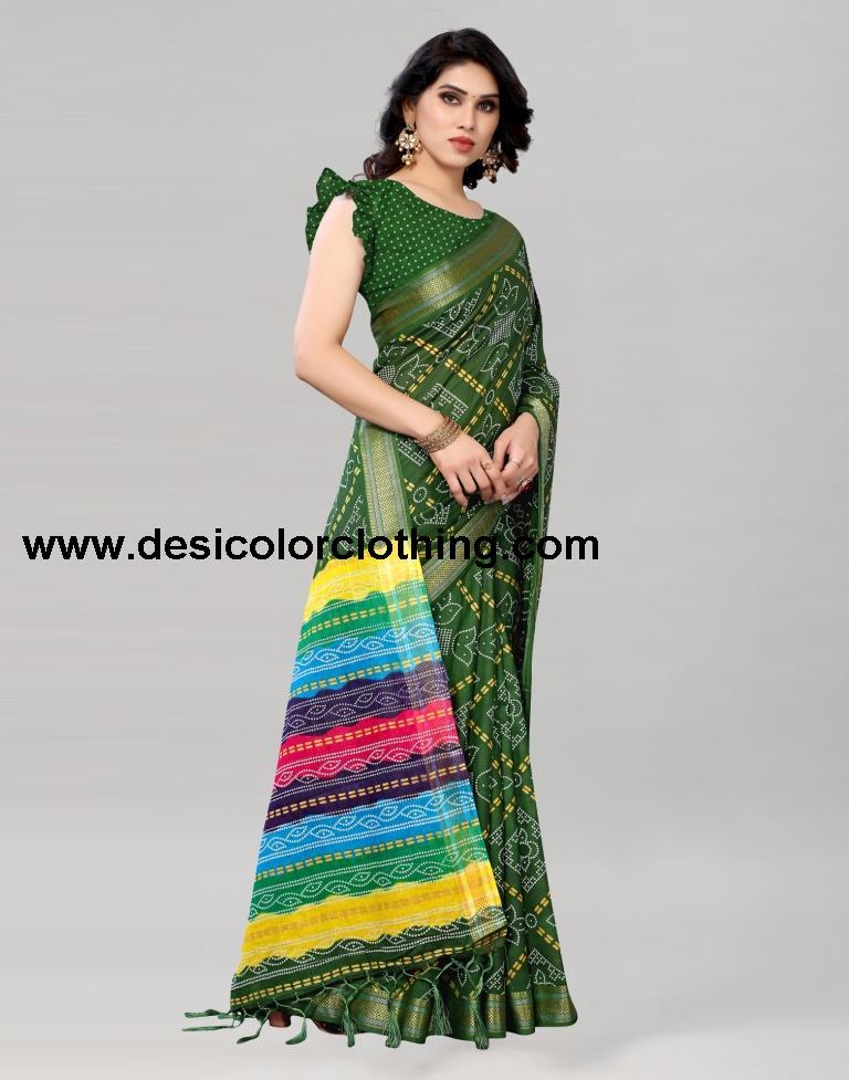 Green Coloured Cotton Bandhani Printed Saree