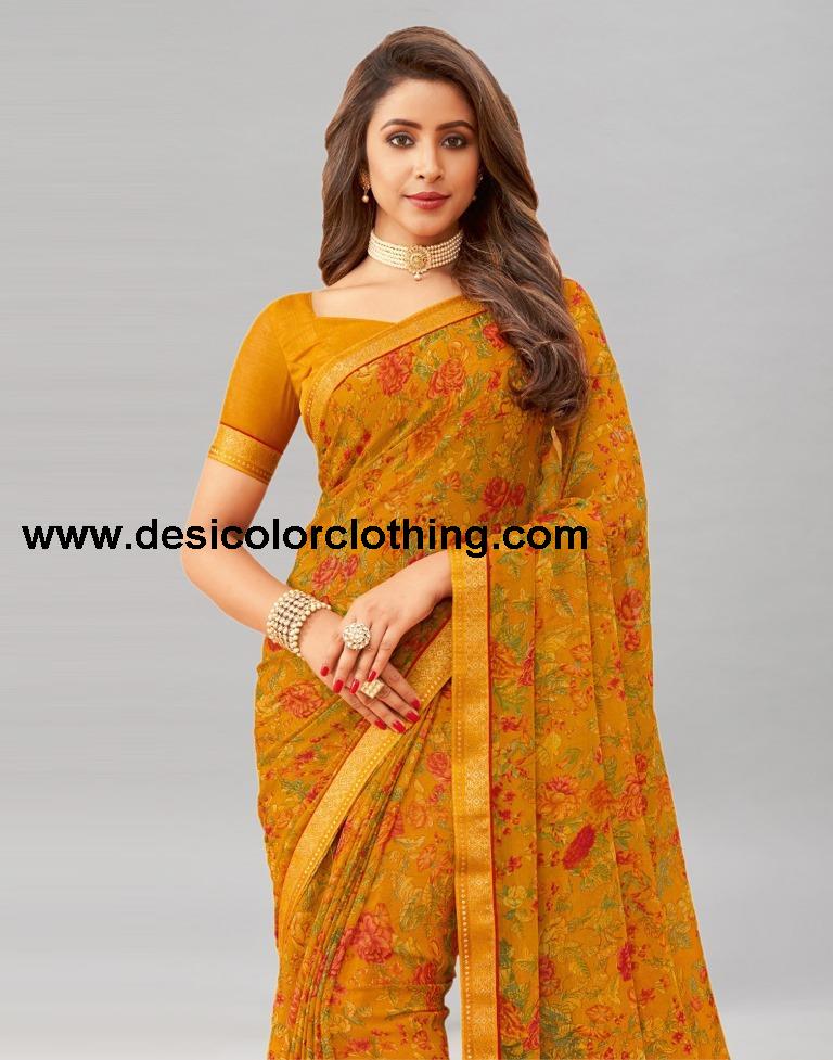 Turmeric Yellow Printed Chiffon Saree | 1976S513