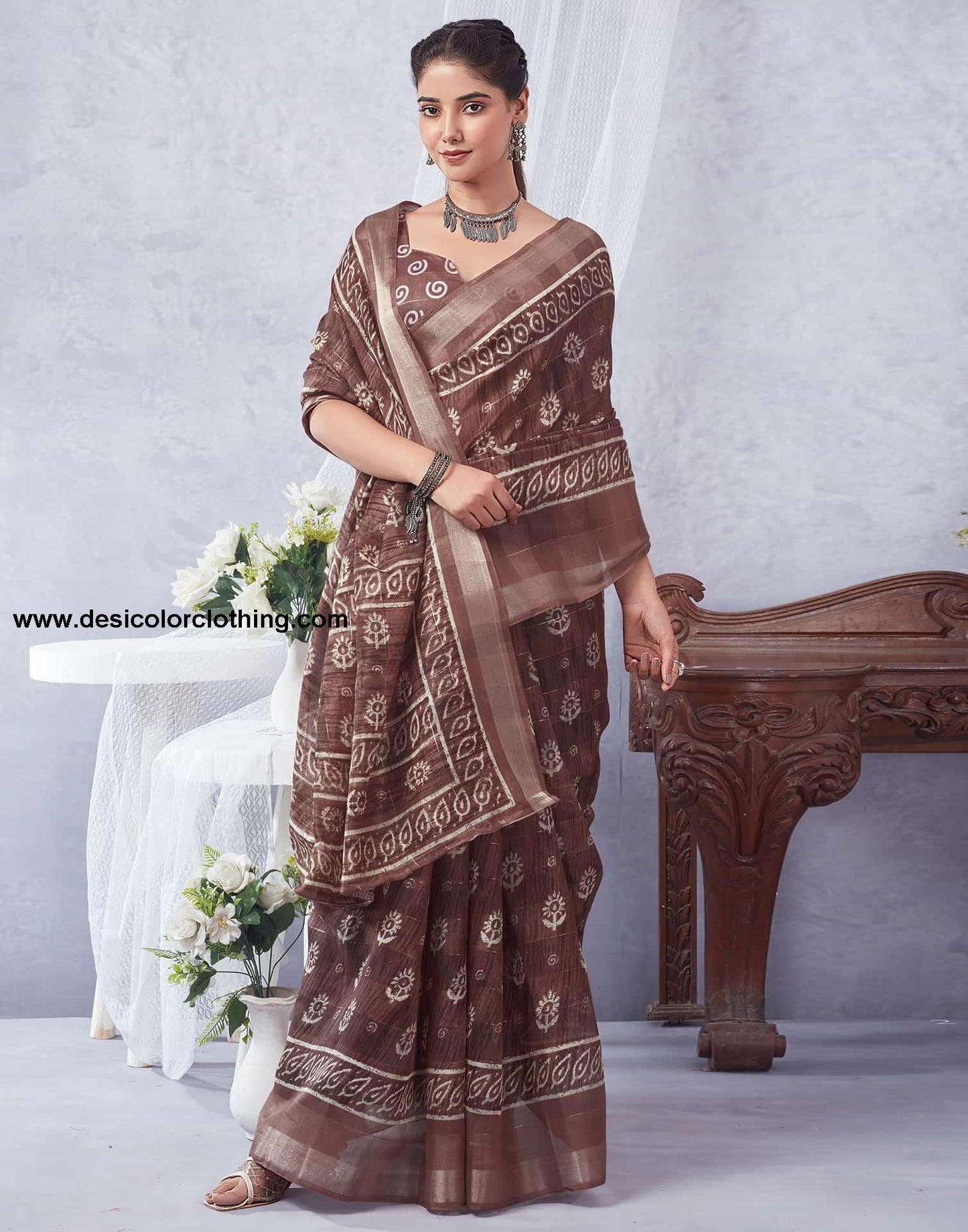 Brown Printed Cotton Saree