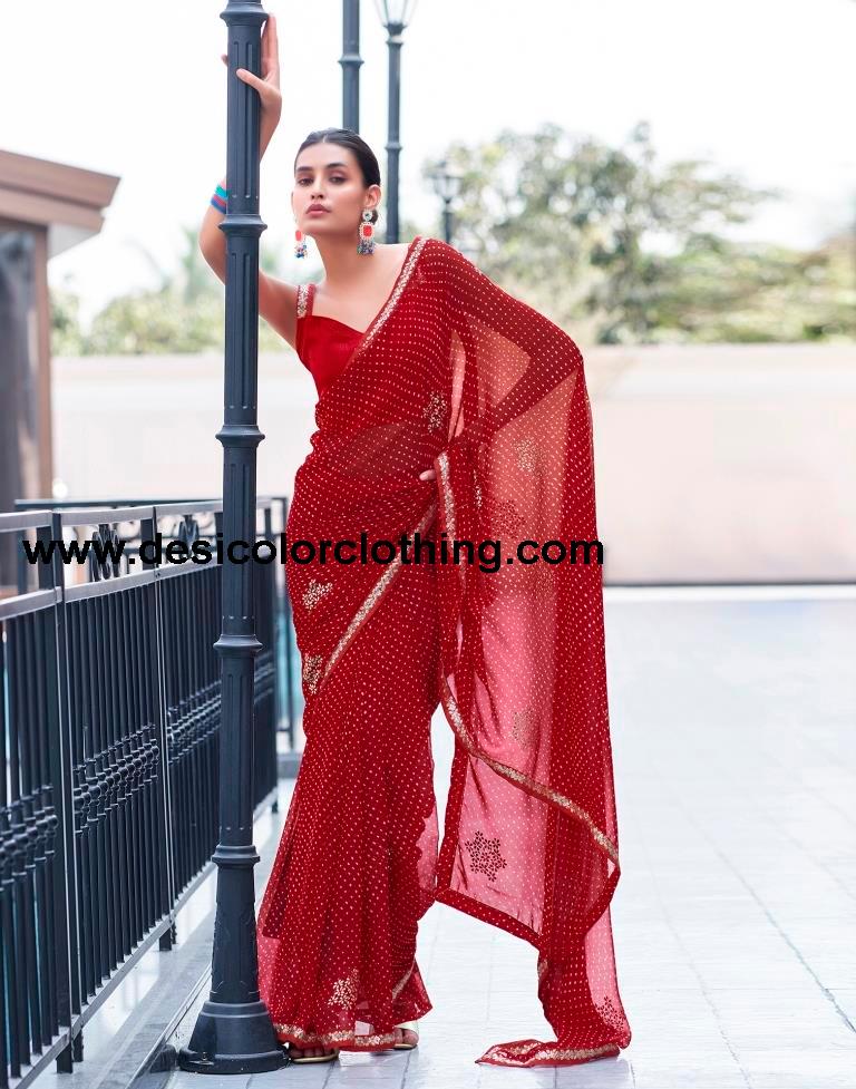 Red Georgette Printed Saree