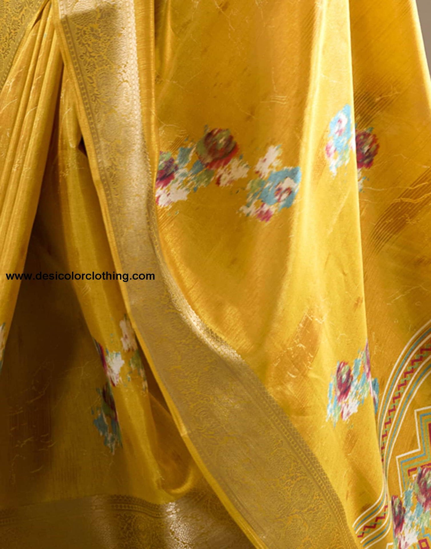 Yellow Silk Printed Saree