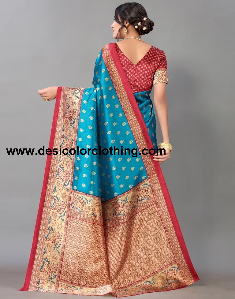 Peacock Blue And Beige Silk Saree
