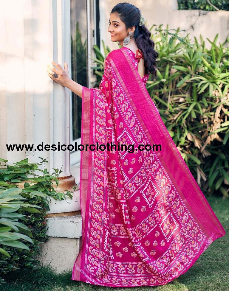 Rani Pink Silk Printed Saree