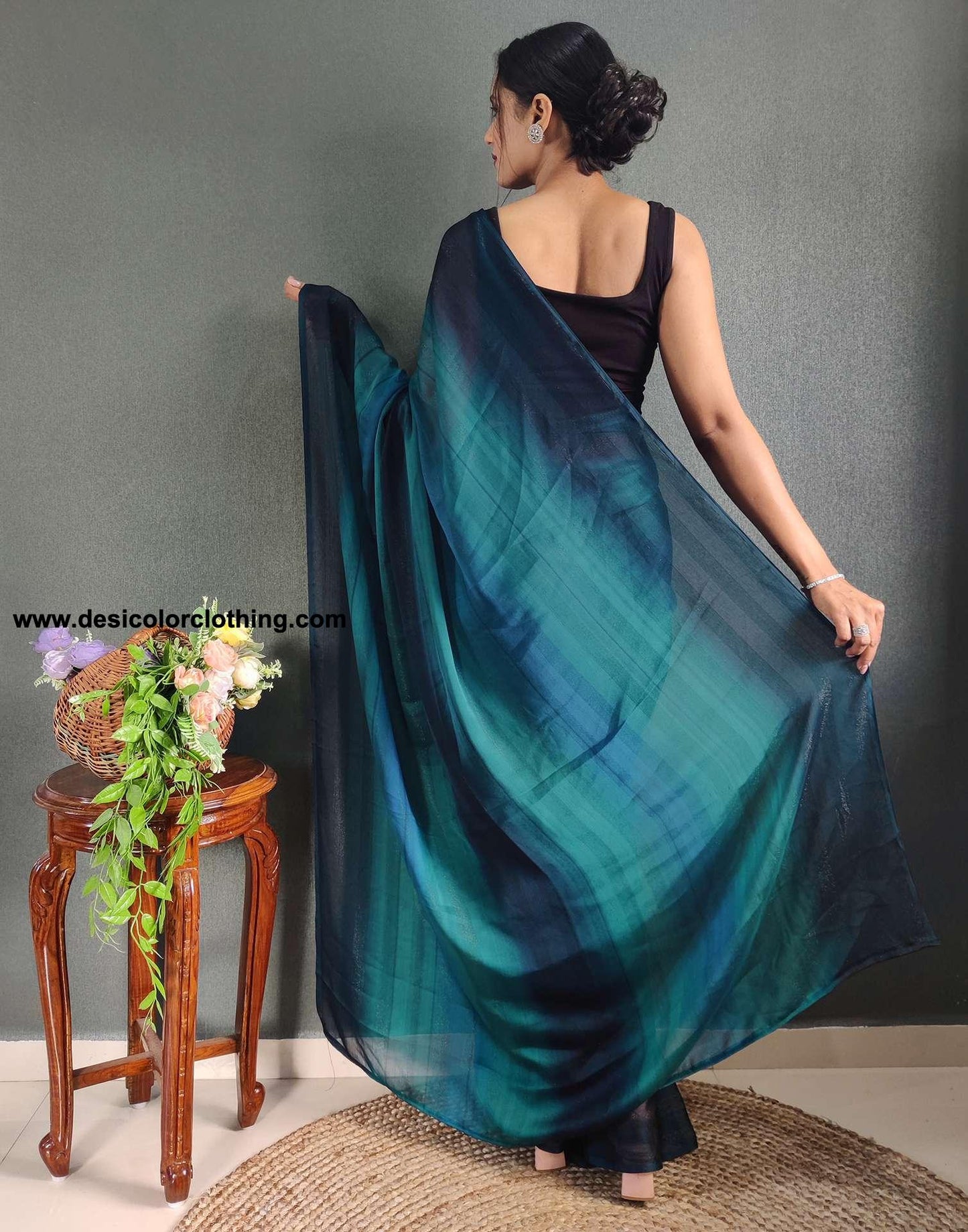 Blue Printed Georgette Pre-draped Saree