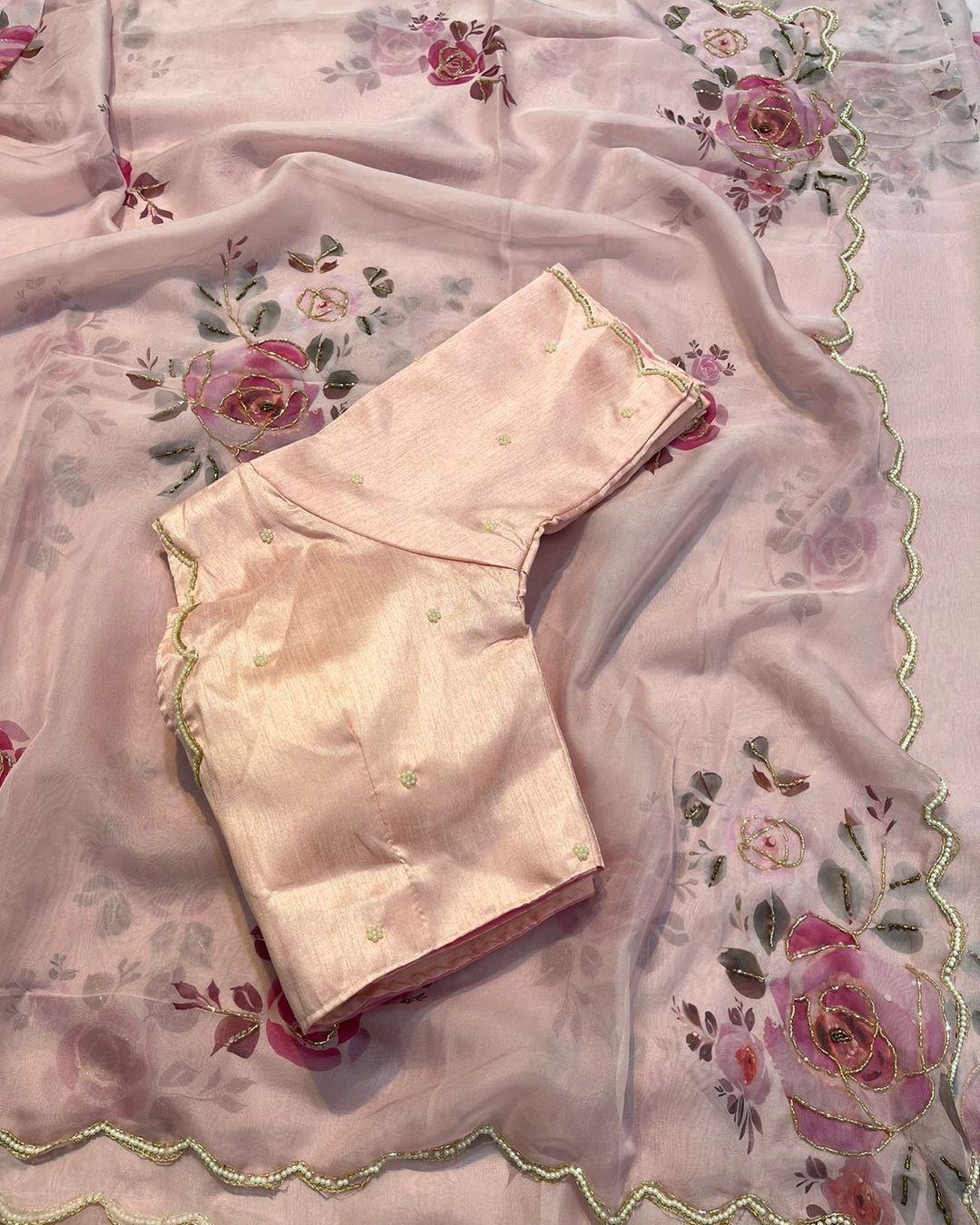 Product Image - Designer Satin Organza Saree with Handcrafted Floral Prints and Pearl Cutwork Border